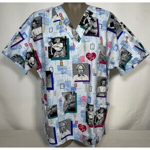 VTG I Love Lucy Retro Lucille Ball Blue Medical Scrub Top Women's MEDIUM